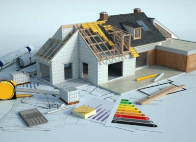 3D rendering of a house undergoing amplifying renovations with an energy chart, blueprints and other documents
